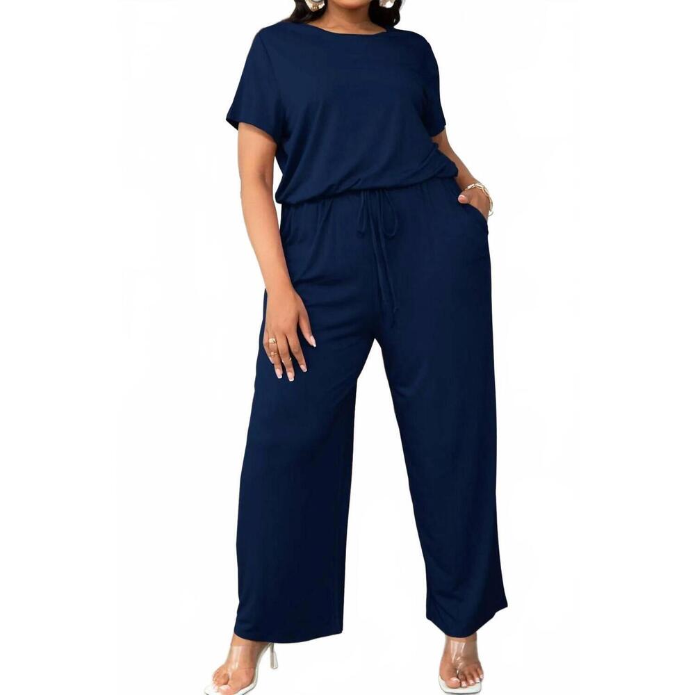 NEW TRENDSI drawstring waist short sleeve jumpsuit in navy